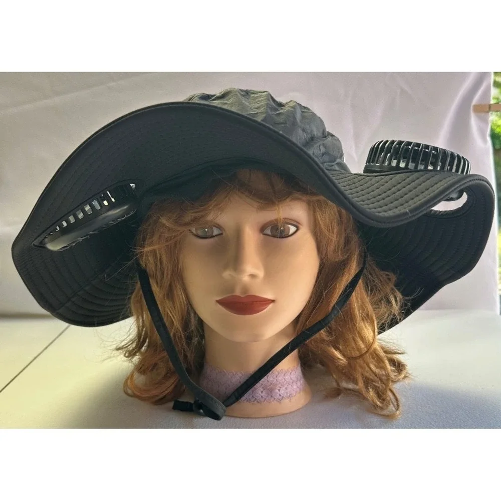 Wide Brim Sun Hat Dual Fans UV Protection Black Hiking Fishing Camping NEW Gear